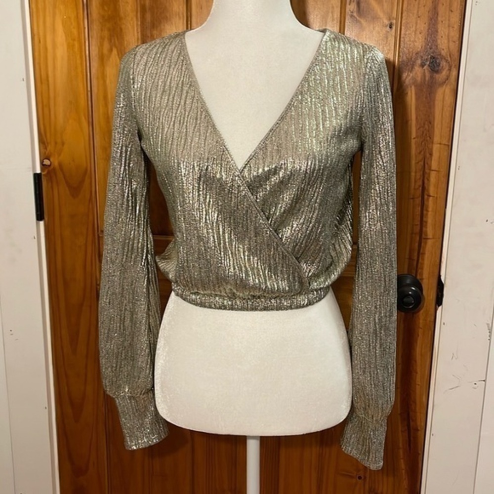 Zara collection Metallic Gold Wrap V Neck Long Sleeve Top Cropped Small